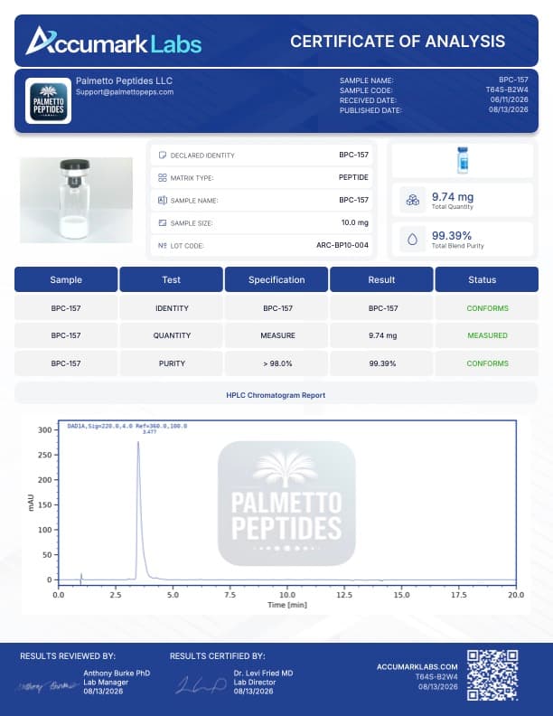BPC-157 5mg/10mg Research Peptide | Body Protection Compound | ≥98% Purity | COA Verified certificate of analysis - Palmetto Peptides