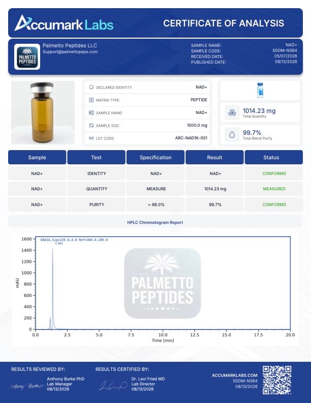 NAD+ 1000mg Research Supplement | Cellular Energy & Anti-Aging Research | COA Verified certificate of analysis - Palmetto Peptides