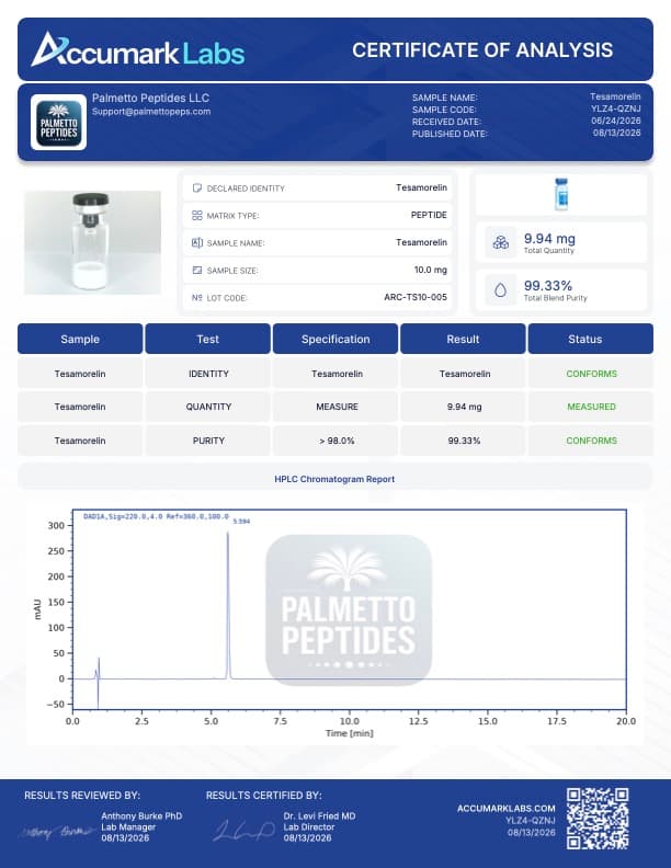 Tesamorelin 10mg Research Peptide | GHRH Analog | HIV-Associated Lipodystrophy Research | COA Verified certificate of analysis - Palmetto Peptides